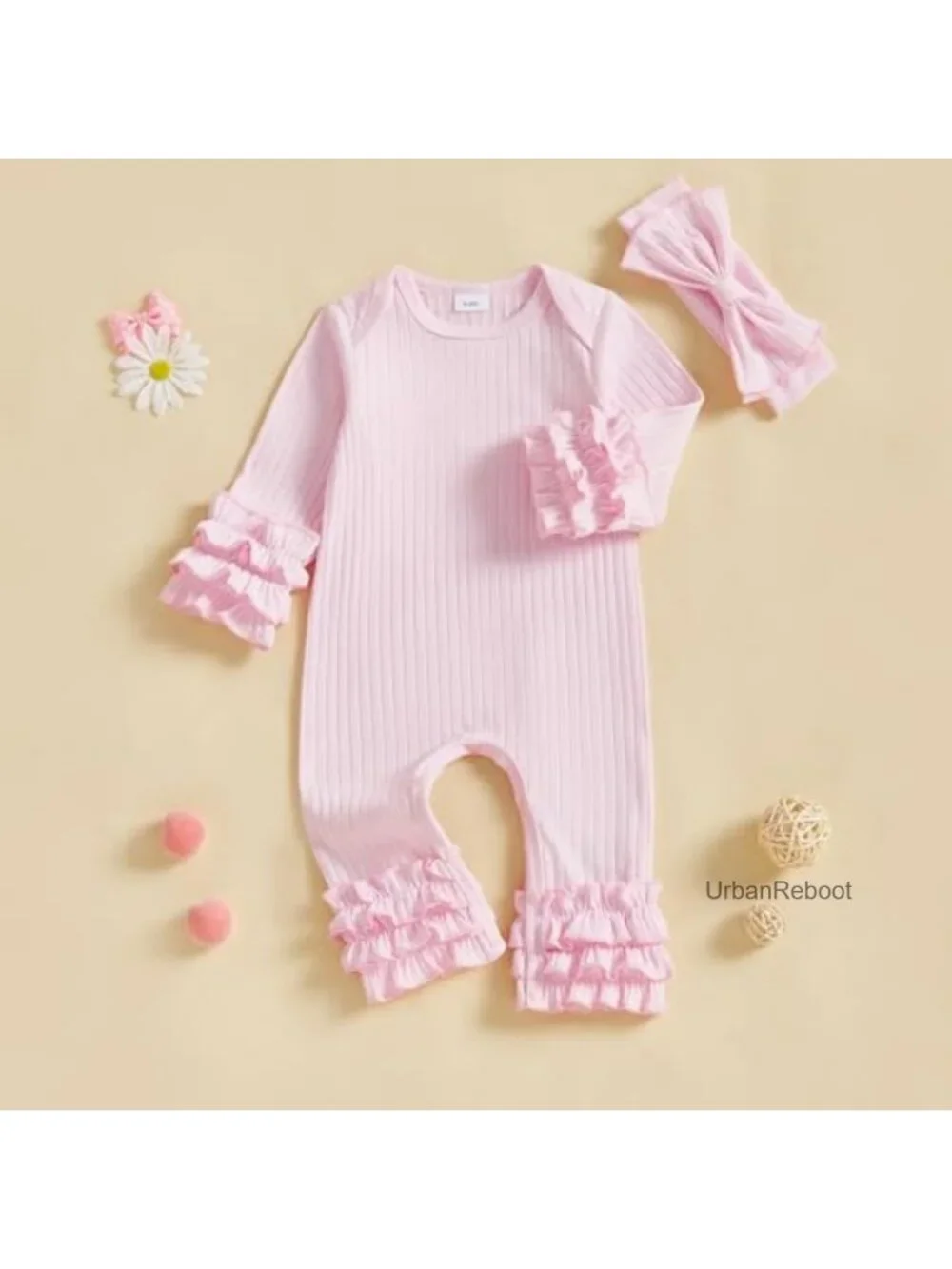 Newborn Baby Girl Romper Set with Headband Cotton Jumpsuit